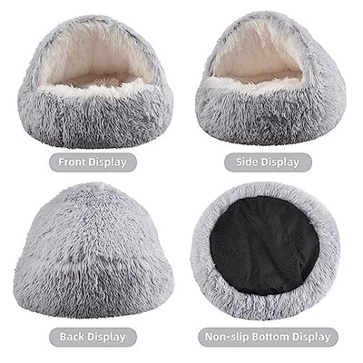 Cat Bed Round Plush Fluffy Hooded Calming Cat Bed Cave for Dogs&Cats,Self Warming pet Bed with non-collapsed Cover for Indoor Cats or Small Dogs,Washable,Anti-Slip Waterproof Bottom,20",Gradual coffee