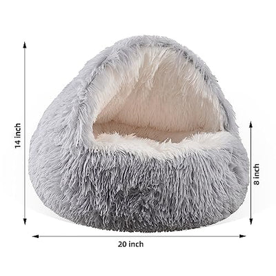 Cat Bed Round Plush Fluffy Hooded Calming Cat Bed Cave for Dogs&Cats,Self Warming pet Bed with non-collapsed Cover for Indoor Cats or Small Dogs,Washable,Anti-Slip Waterproof Bottom,20",Gradual coffee