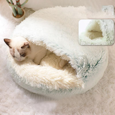 Geizire Small Dog Bed & Cat Bed, Round Donut Calming Cat Beds, Anti-Anxiety Cave Bed with Hooded Blanket for Warmth and Security - Machine Washable, Water/Dirt Resistant Base (Up 6 Pound)